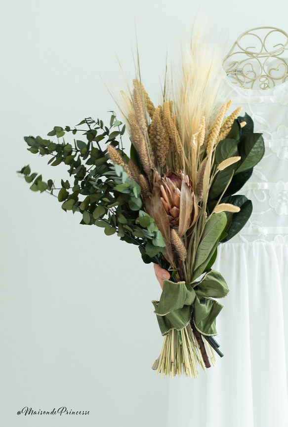 プロテアとココフラワーのドライフラワーブーケ/ウェディングブーケ&ブートニア ウェディングブーケ】ブートニアセット キングプロテア Wine