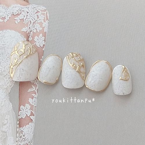 金の糸で紡ぐ上品レースのミラーネイル＊ネイルチップ つけ爪 結婚式