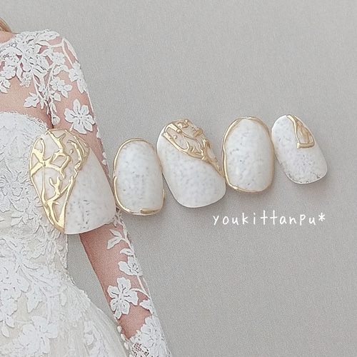 金の糸で紡ぐ上品レースのミラーネイル＊ネイルチップ つけ爪 結婚式