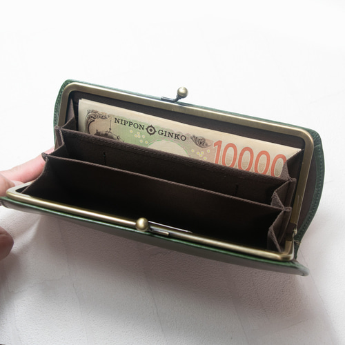 ふわ軽♪アンティーク調がま口 高級ムラ染め播州姫路レザー モス