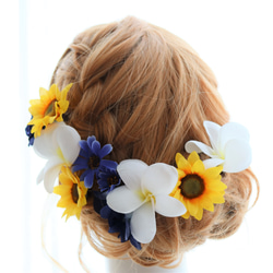 ヘッドドレス　ヒマワリ　プルメリア　ひまわり　向日葵　サムシングブルー　髪飾り　結婚式　ウェディング　ブライダル 5枚目の画像