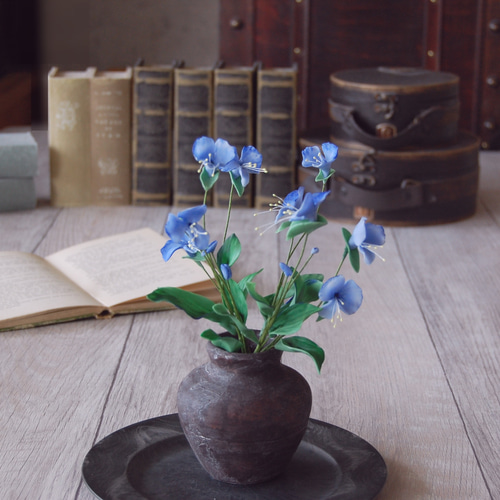 *YUYU・植物とアート♡*専用 ◇粘土のお花◇ 露草（ツユクサ）・・・ 高さ約23センチ T675