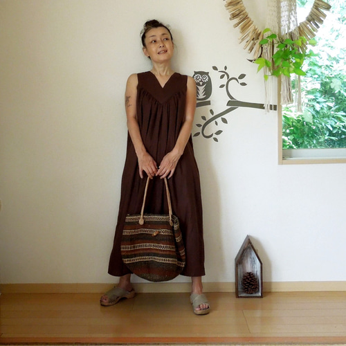 SALE】bighug バリコットンさちばるドレス○ブラウンムジ ワンピース 