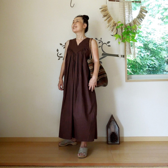 SALE】bighug バリコットンさちばるドレス○ブラウンムジ ワンピース  