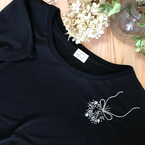 大人女性の かすみ手刺繍のドルマン半袖Tシャツ 綿春夏レディースカットソー トップス