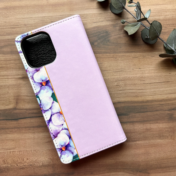 梅雨の紫陽花の手帳型スマホケース（薄紫） 花 スマホケース iphone15 SE3 iphone14 全機種対応 3枚目の画像