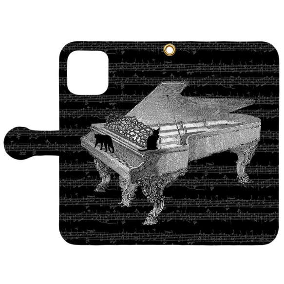 (iPhone用)ピアノと黒猫の手帳型スマホケース 1枚目の画像