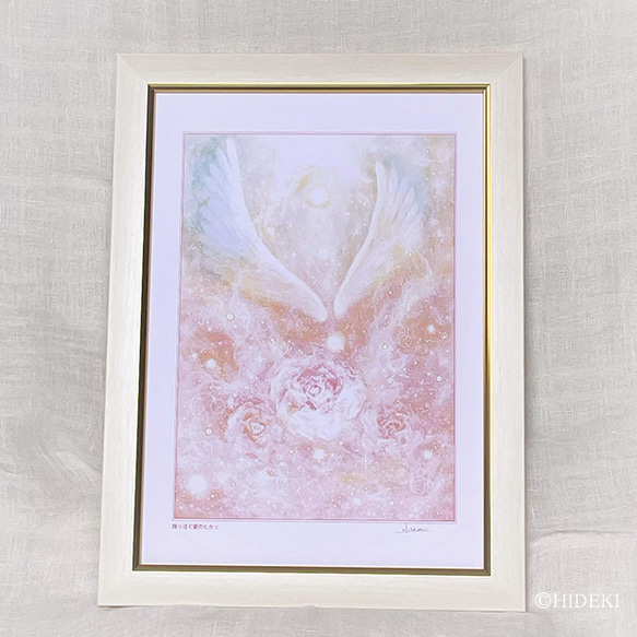 ヒーリングアート、天使の絵　天使の羽根の絵~降り注ぐ愛のヒカリ~ 額装A4ジクレーアート 4枚目の画像