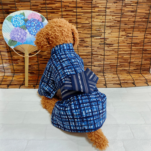【海外輸入】 犬の浴衣✨犬用本格浴衣 ネイビー×ブルー 犬服 夏祭り わんこ 犬服・アクセサリー