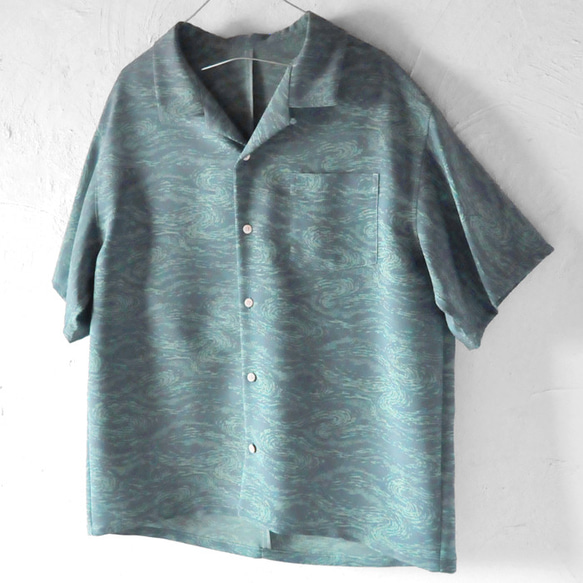【着物リメイク】青碧｜アロハシャツ シャツ 着物シャツ 開襟シャツ 柄シャツ オープンカラー 半袖 L 2枚目の画像
