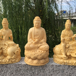 華厳三聖 文殊菩薩 普賢菩薩 釈迦如来 木彫仏像 仏教工芸品 供養品