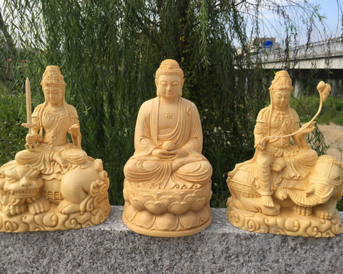 華厳三聖 文殊菩薩 普賢菩薩 釈迦如来 木彫仏像 仏教工芸品 供養