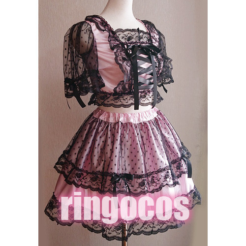 アイドル衣装 ピンク×黒 編み上げリボン オリジナル ハンドメイド,コスプレ衣装