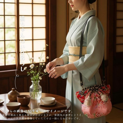 赤とピンクが出会う猫型バッグ。台湾花柄×絹耳のショルダー巾着