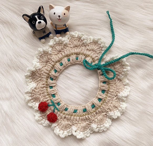 猫&犬&用襟型ペット首輪☆チェリー手編みニット付け襟風の首輪
