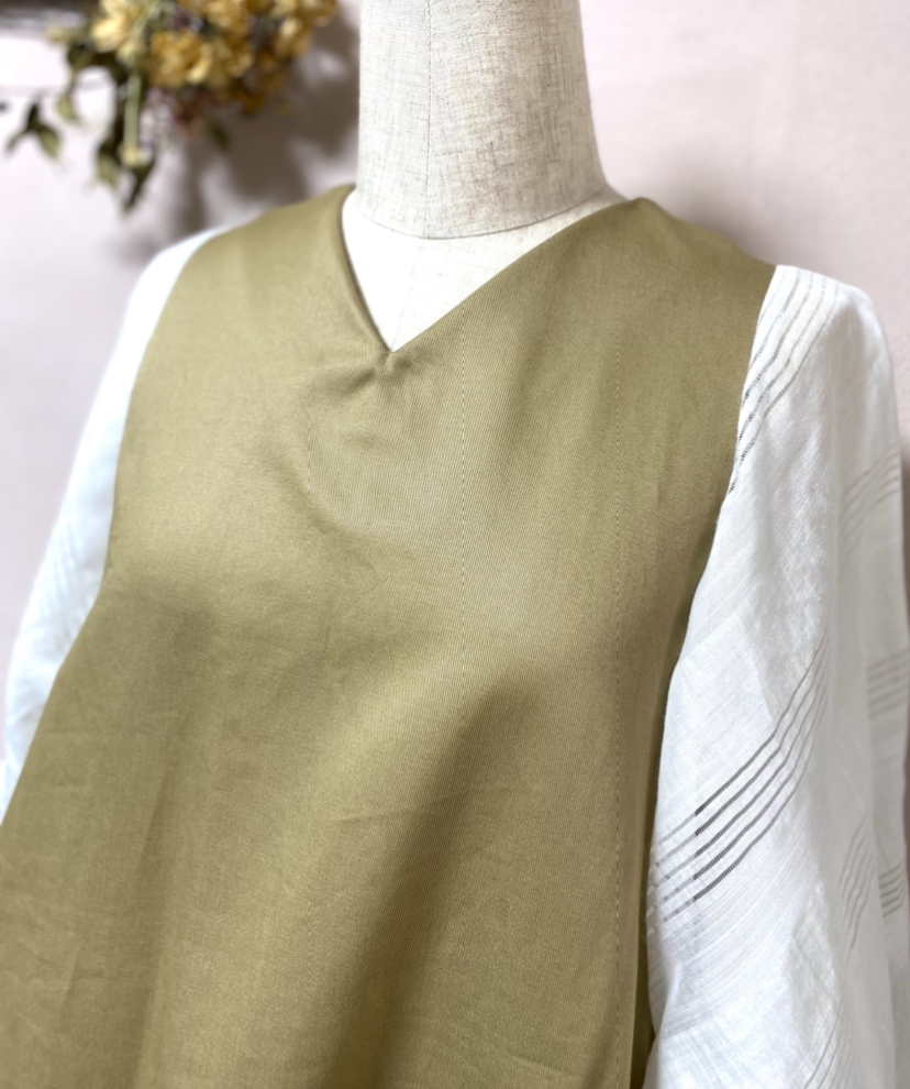 《大きいサイズ》袖ゆったり　チノワンピース　ベージュ✖️リネンレース