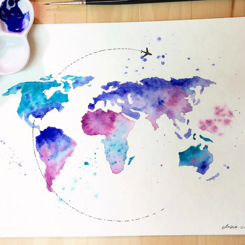 受注製作）世界地図 分離色水彩原画 ギフト カラフル 梅雨 絵画