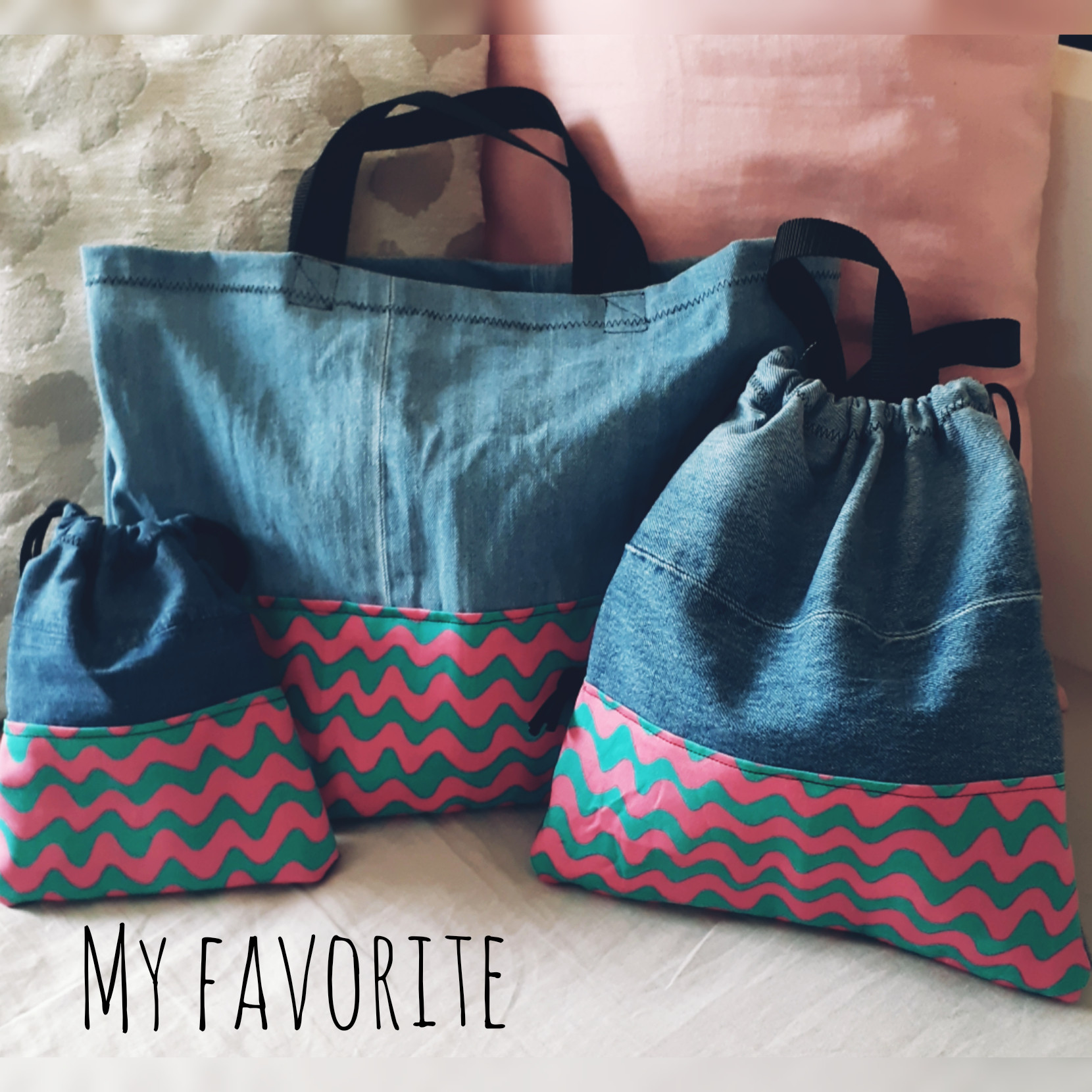 給食袋&レッスンバッグ&体操着袋セット　星　入園準備　入園グッズ　入学グッズ　入学準備　ハート　デニム