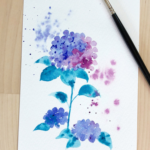 抽象的アジサイ 分離色水彩原画 イラスト ギフト 梅雨 絵画