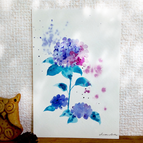 抽象的アジサイ 分離色水彩原画 イラスト ギフト 梅雨 絵画 Annie