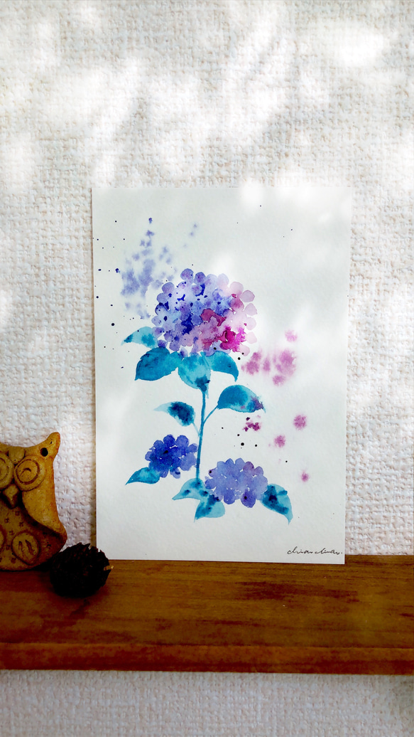 抽象的アジサイ 分離色水彩原画 イラスト ギフト 梅雨 絵画