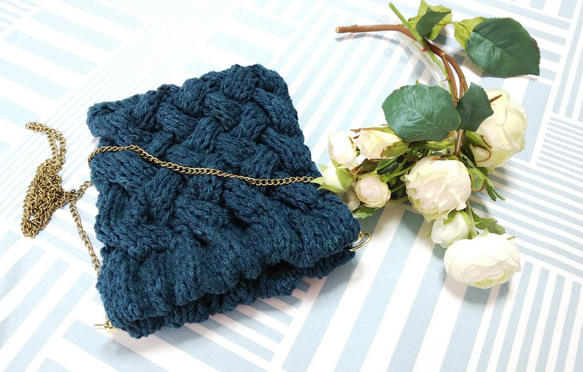 新商品！『ざっくりとした網目がお洒落　コットン糸の編みバッグ』～紺色～ 1枚目の画像