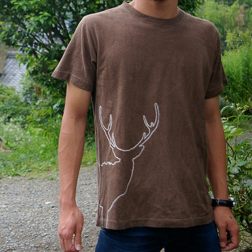 ヘンプコットンTシャツ（半袖）【鹿】 濃いめの柿渋染め Tシャツ
