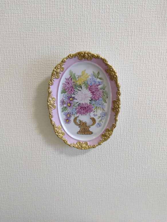 ♡壁飾り絵皿(菊／ピンク)22cmX16cm 2枚目の画像