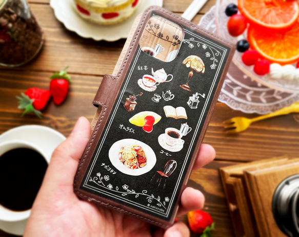 喫茶メニューがいっぱい！　喫茶サクラバ手帳型スマホケース【受注生産・内側デザイン入り】 6枚目の画像