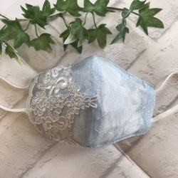 Snow Blue 雪の結晶❄️ オーガンジーサイドレースマスクカバーブルー】選べるチャーム 結婚式　成人式　 3枚目の画像