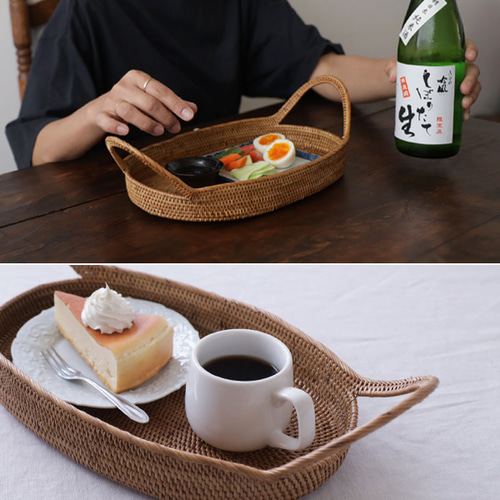 アタ細工 持ち手付き オーバルトレイ 楕円お盆 カフェおひとり様 晩酌