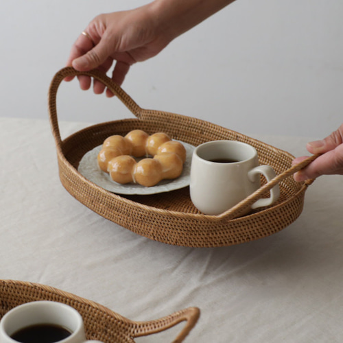 アタ細工 持ち手付き オーバルトレイ 楕円お盆 カフェおひとり様 晩酌