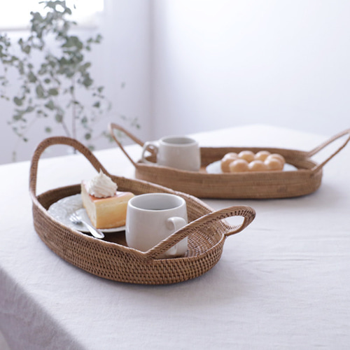 アタ細工 持ち手付き オーバルトレイ 楕円お盆 カフェおひとり様 晩酌