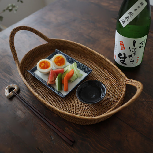 アタ細工 持ち手付き オーバルトレイ 楕円お盆 カフェおひとり様 晩酌