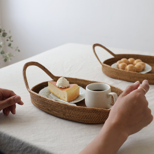 アタ細工 持ち手付き オーバルトレイ 楕円お盆 カフェおひとり様 晩酌