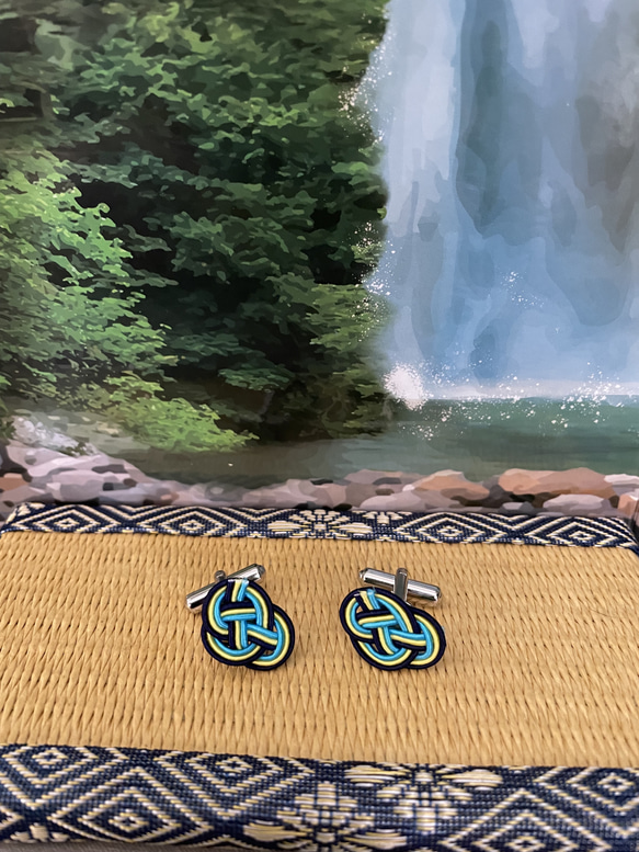 日本の伝統文化水引タイピン＊カフス(紺水黄色) 3枚目の画像