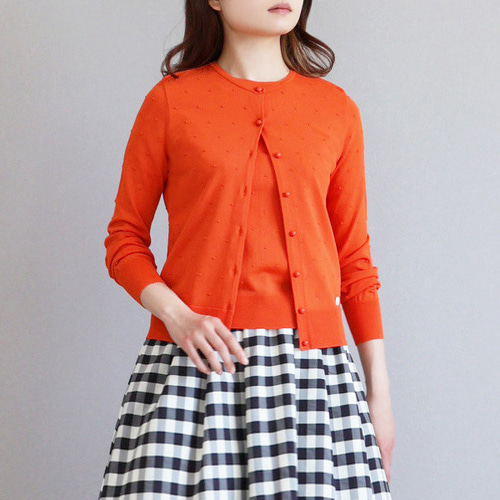 鮮やかサマーカーデ◎】クルーネックドット柄 長袖ニットカーディガン