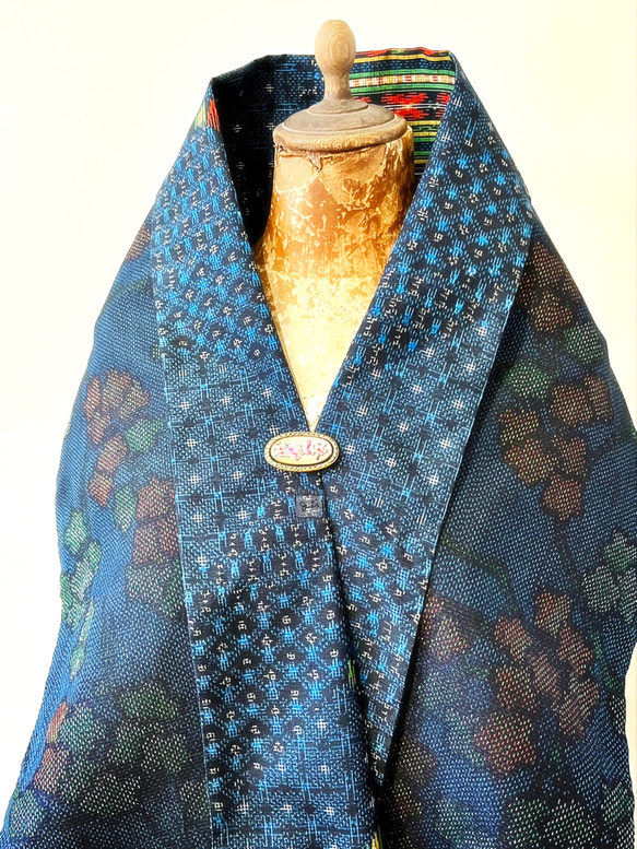 スカーフNo.313*化作春泥更護花*設計師手作日本古董織品正絹絲藍色橘色塊質幾何花朵圍巾 披肩 第12張的照片