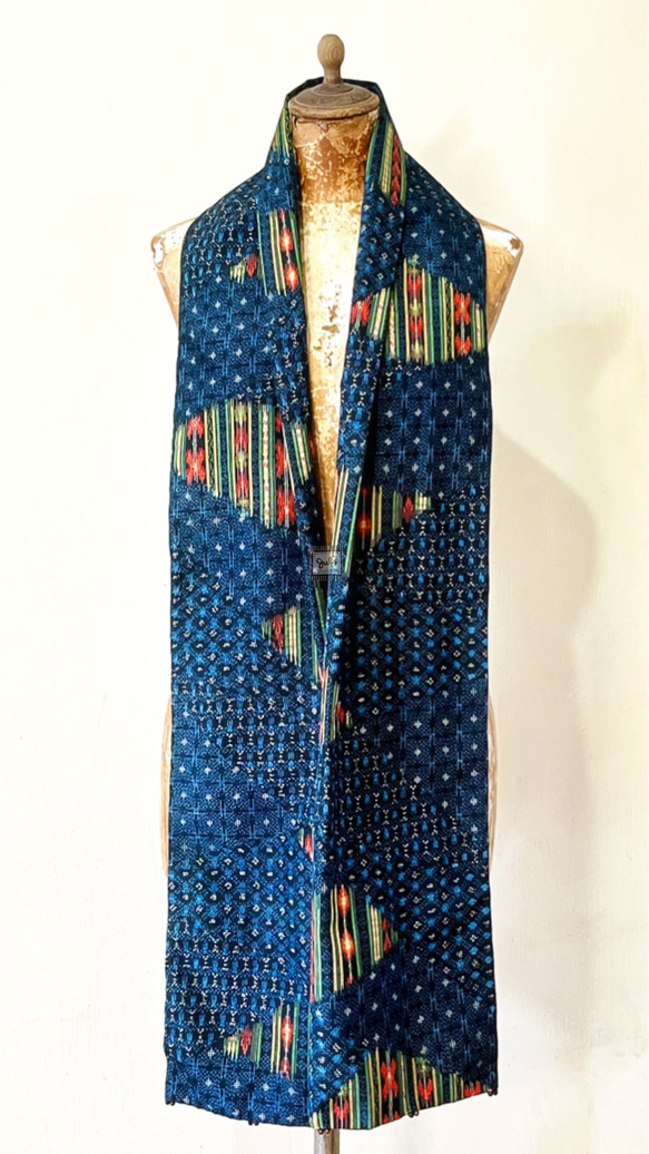 スカーフNo.313*化作春泥更護花*設計師手作日本古董織品正絹絲藍色橘色塊質幾何花朵圍巾 披肩 第9張的照片