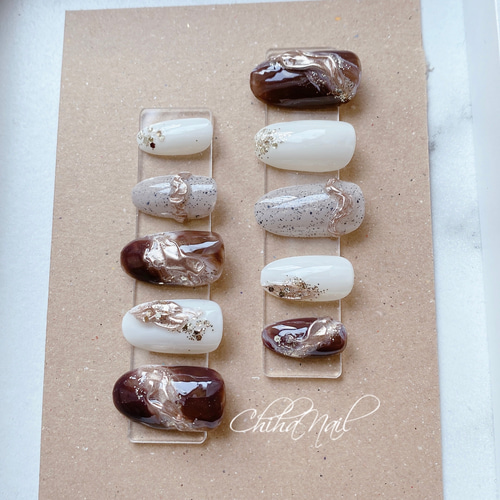 ネイルチップオーダー べっ甲サンド砂ブラウンニュアンス左右非対称