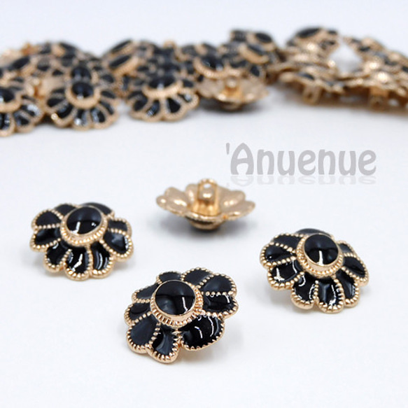 メタルシャンクボタン 20×10mm【 Black Flower / Black x gold】3個 1枚目の画像