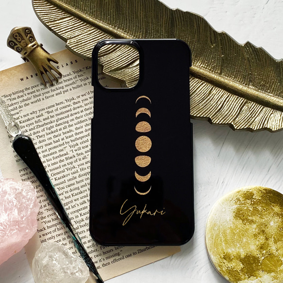 名入れ可能・月の満ち欠け GOLD MOON iPhoneケース（BALCKカラー 