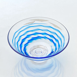 青が美しいガラス抹茶碗（抹茶茶碗・波千鳥）お湯使用可・化粧箱入り 1枚目の画像