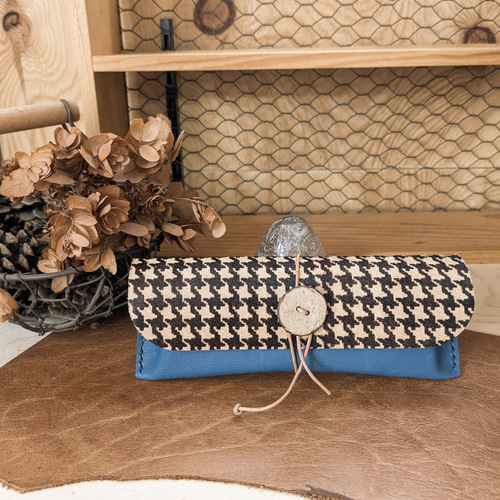 ぐしぐし手縫い＊千鳥格子とグリーンヌメ革のボックスコインケース  