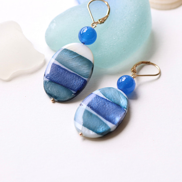 14Kgf Sea Color Stripe Mother of Pearl French Hook Earrings/耳環-- 第1張的照片