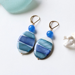 14Kgf Sea Color Stripe Mother of Pearl French Hook Earrings/耳環-- 第3張的照片