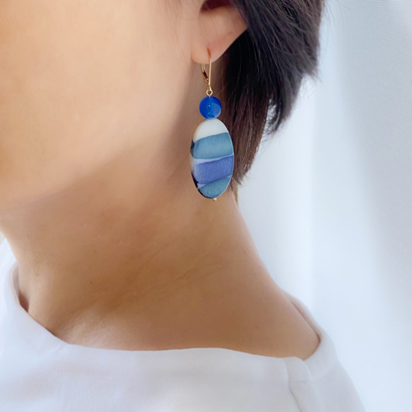 14Kgf Sea Color Stripe Mother of Pearl French Hook Earrings/耳環-- 第4張的照片
