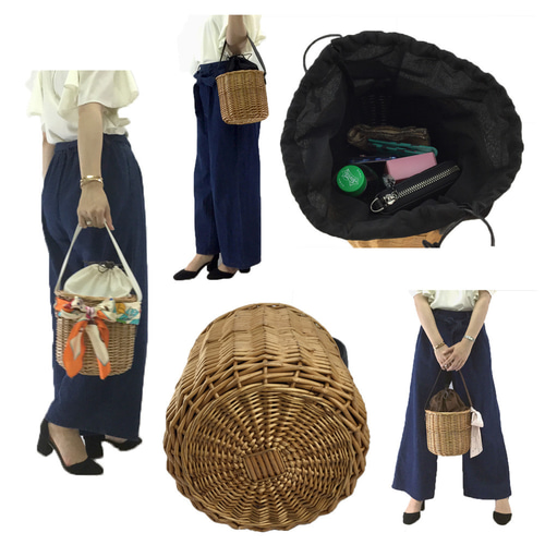 激安挑戦！！ サンプル・ハンドメイド・バケツ型バック・綿麻・ｈ26×ｗ31×底21・内ポケット 有り難く ショルダーバッグ