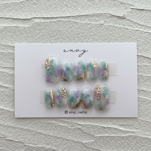 サイズオーダー＊ネイルチップ 水彩 パープル グリーン ホワイト