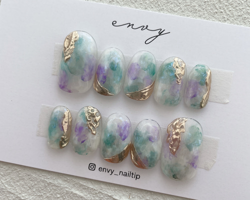 サイズオーダー＊ネイルチップ 水彩 パープル グリーン ホワイト